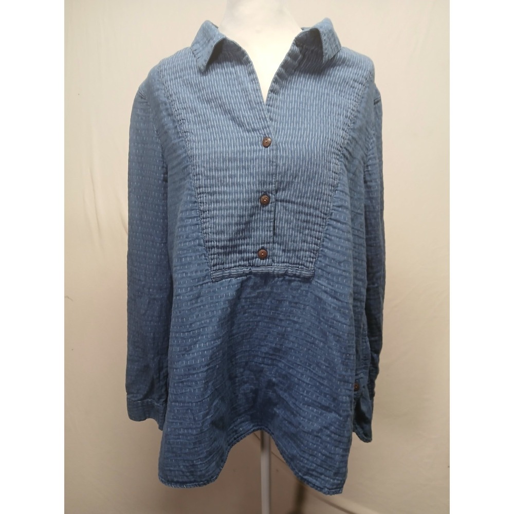 Pure Jill Indigo Womens Henley Shirt Size Large  Oversized Tunic‎ Soft Peasant